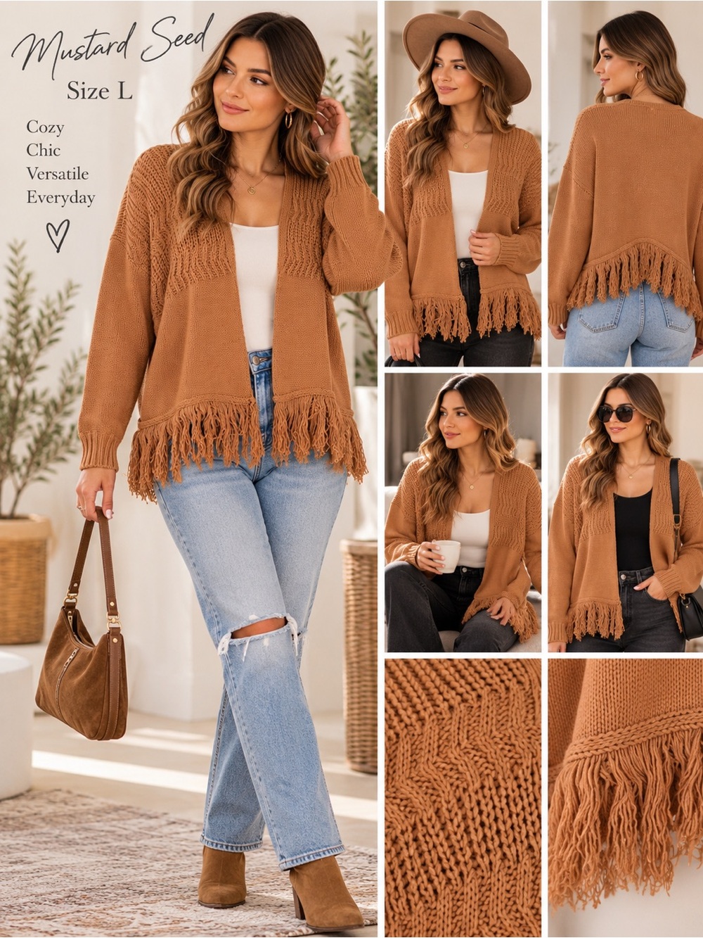 Mustard Seed Fringe Cardigan Women’s L Camel Brown Open Front Boho Western
